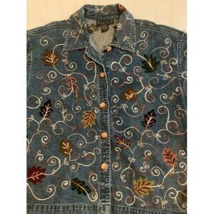 New Direction Women's Denim Jacket Shacket Shirt Large Embroidered Leaves